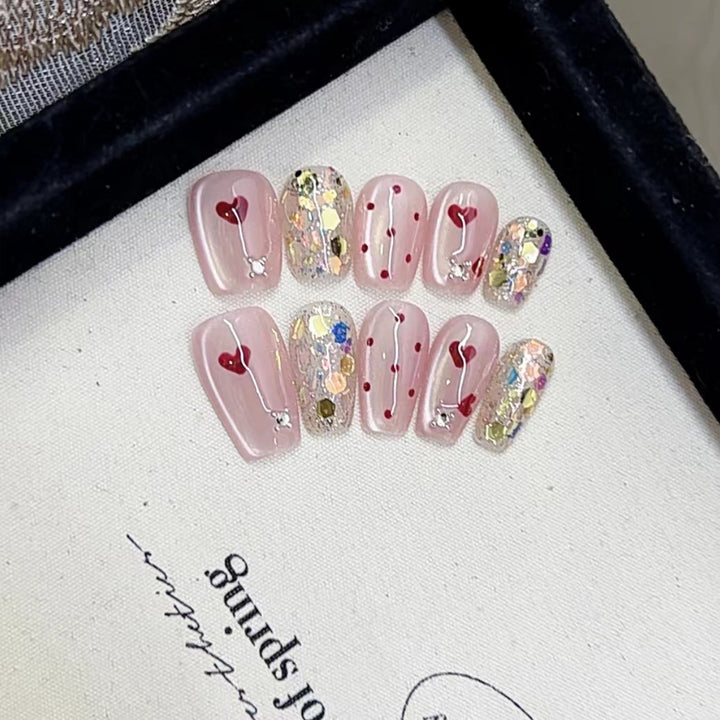 Decorative Press-On Nail Art Set with Heart and Glitter Designs Kalsten