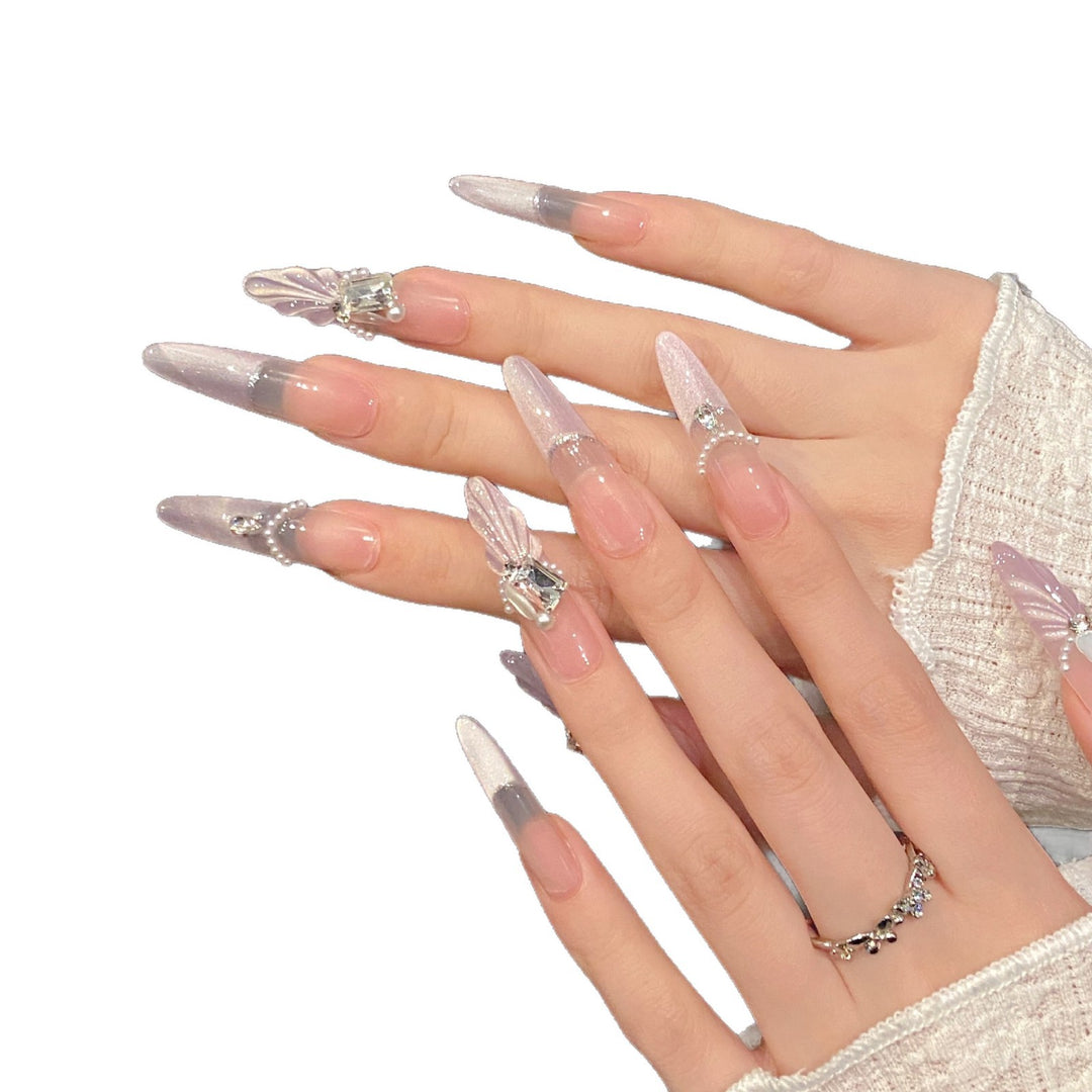 Artistic Floral Press-On Nail Set with Gem Accents