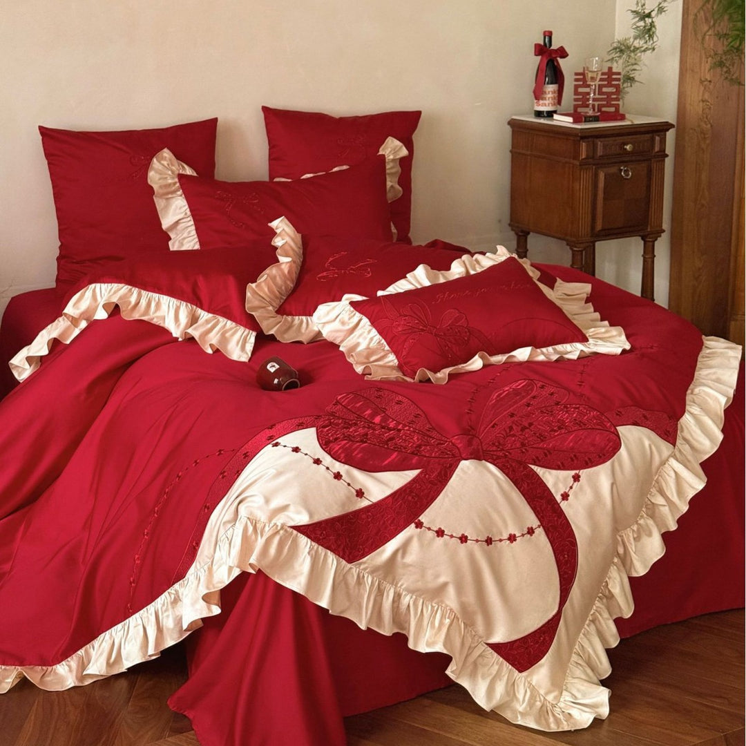Premium Satin Bed Set with Ruffle Frill and Appliquéd Bow Embroidery Kalsten