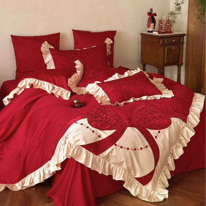 Premium Satin Bed Set with Ruffle Frill and Appliquéd Bow Embroidery Kalsten
