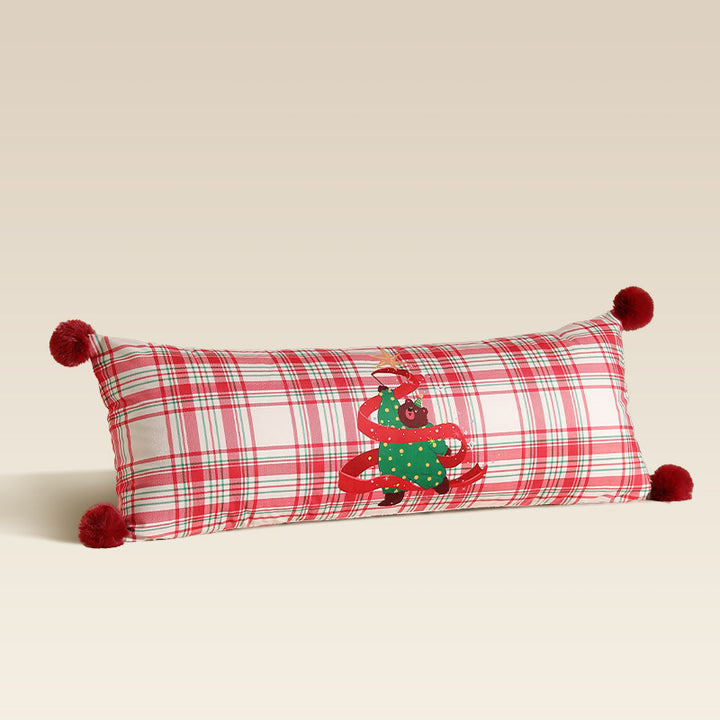 Long neck and decorative cushion with check pattern, dog Christmas tree application and pompom