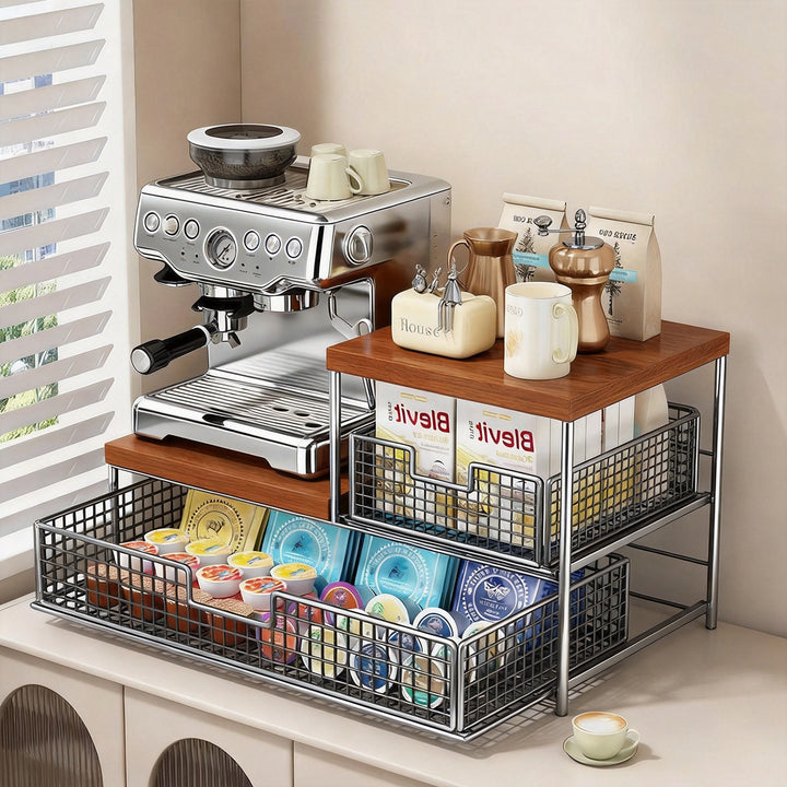 Countertop Coffee Station Elevated Shelf with Slide-Out Mesh Basket
