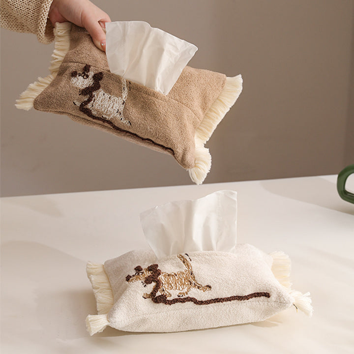 Plush tissue box cover with llama embroidery and decorative fringes