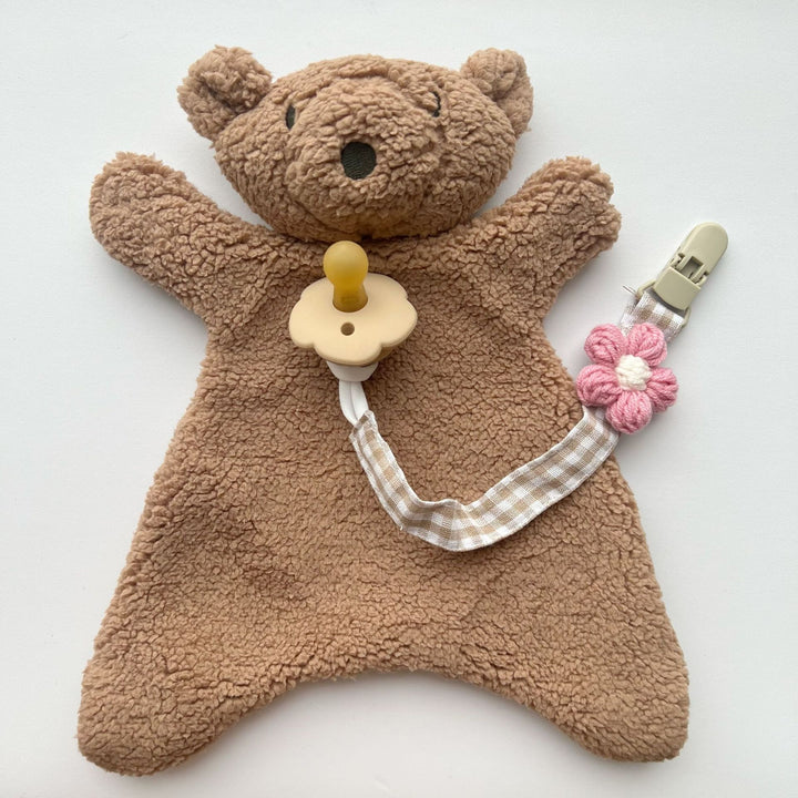 Floral Knit Pacifier Clip with Gingham Cotton Strap