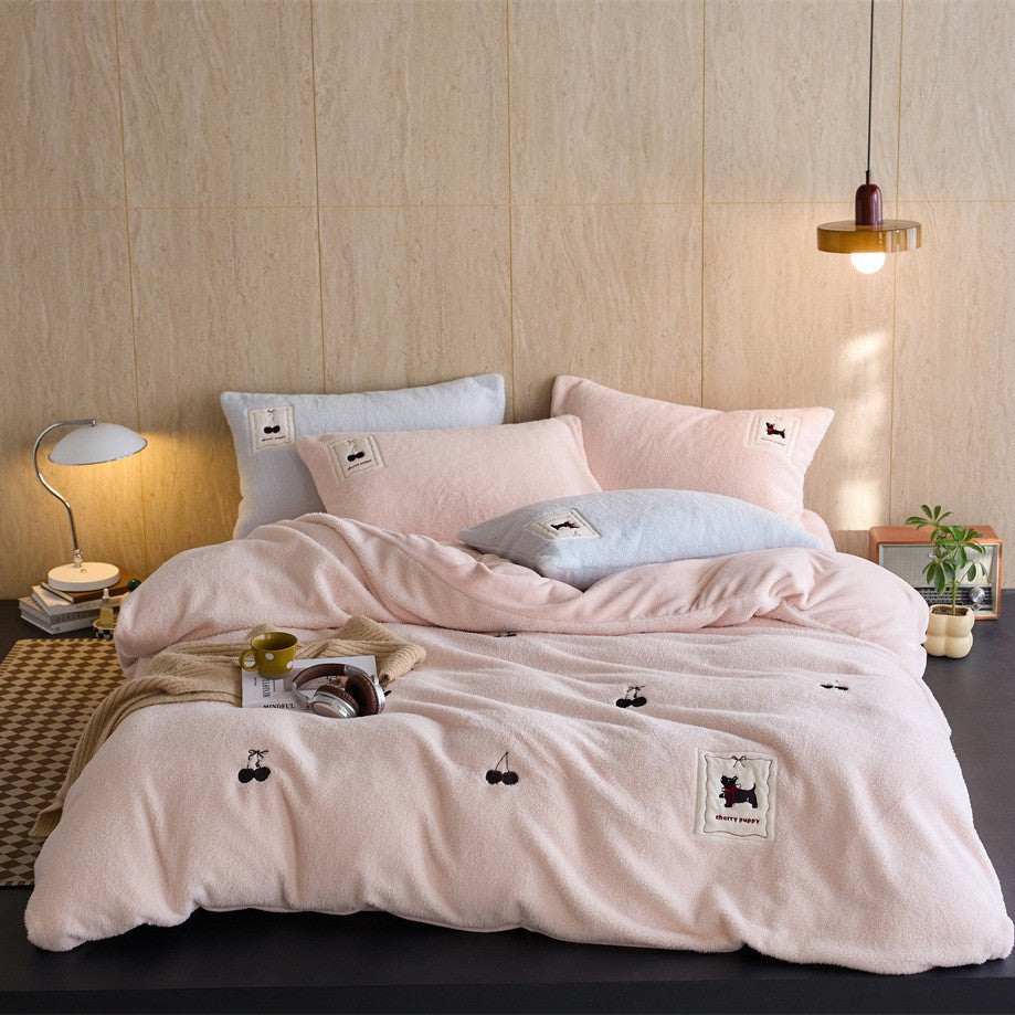 Cozy fleece bedding set with embroidered cherries and appliqués