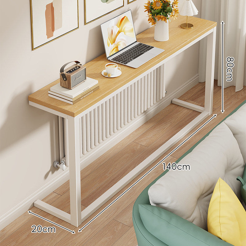Slim Narrow Console Table with White Metal Frame and Wood-Grain Top
