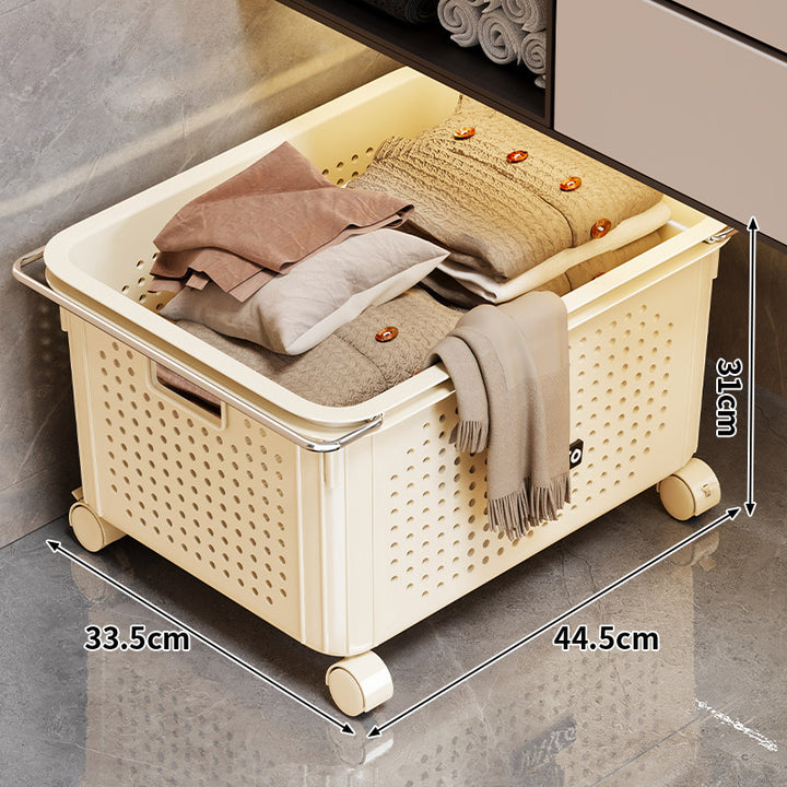 Ventilated Rolling Laundry Basket with Locking Swivel Wheels and Foldable Handle