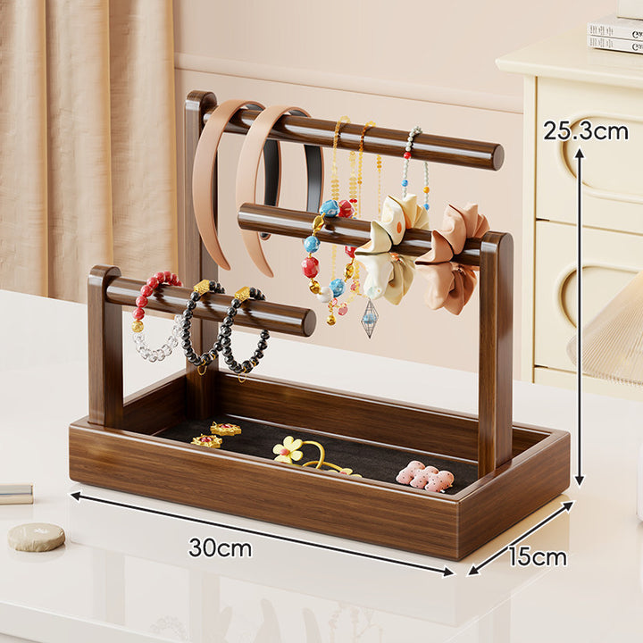 Multi-Level Wooden Jewelry Organizer Stand with Tray and Rod Display