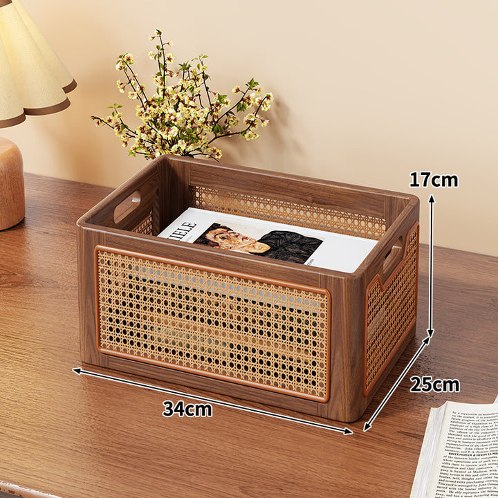 Rattan-Accent Solid Wood Desktop Storage Tray with Handles