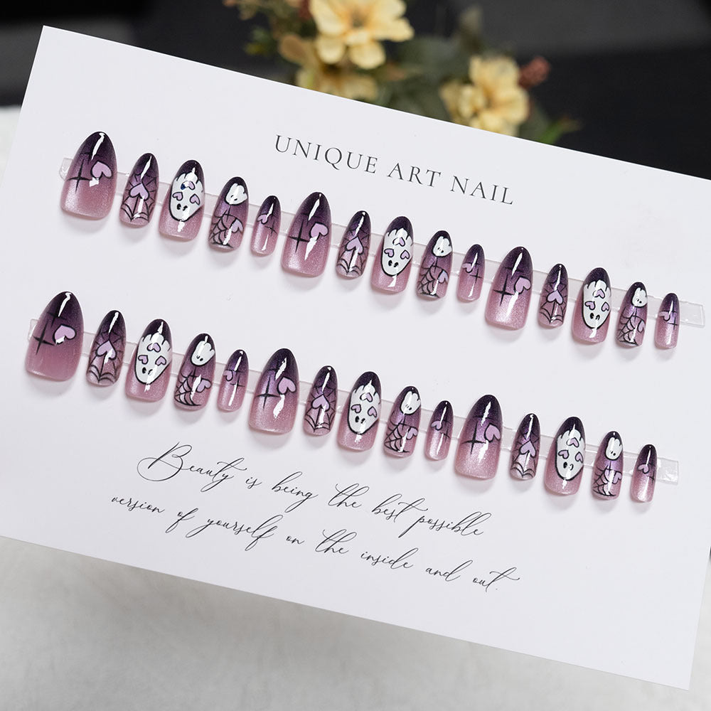 Halloween-Themed Press-On Nail Set with Ghost and Spider Designs