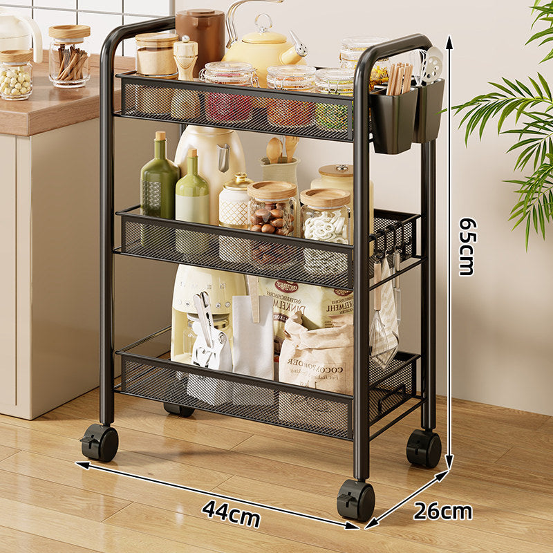 Three-Tier Rolling Mesh Kitchen Storage Cart with Side Utensil Caddy and Locking Casters