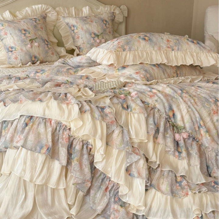Romantic bedding set with layered ruffle, frills, and delicate watercolor flower print