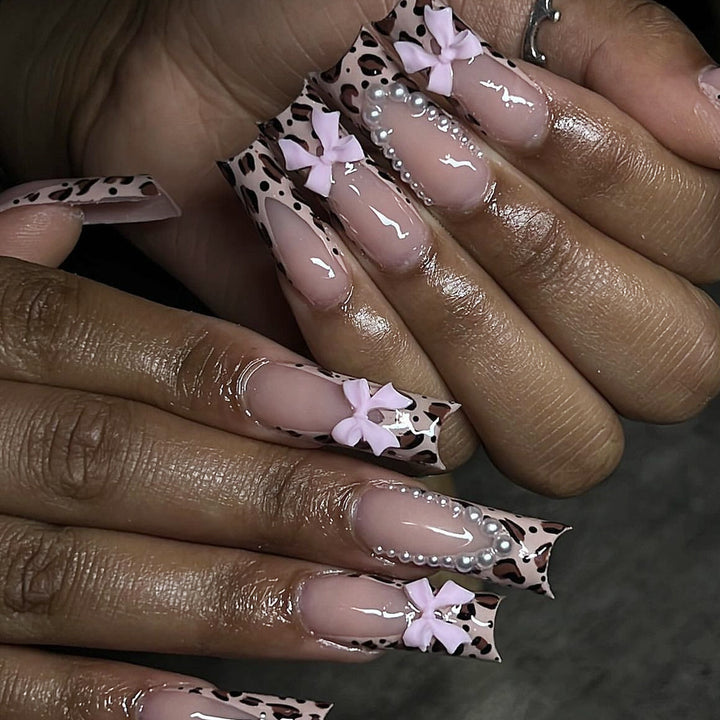 Exquisite Long Nail Art Set with Bow Accents Kalsten