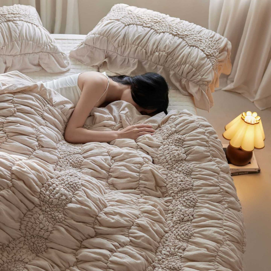 Luxurious cotton bedding set with ruffles and smocking look