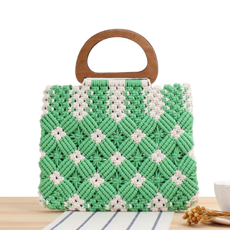 Macrame Tote Bag with Wooden Handles and Floral Details Kalsten
