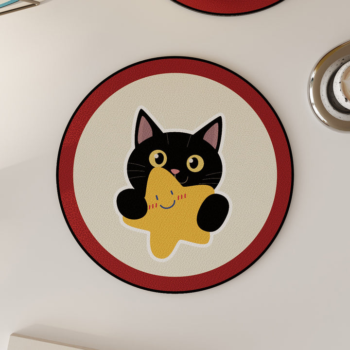 Round Non-Slip PU Leather Drink Coaster with Cute Cat Holding Star Illustration