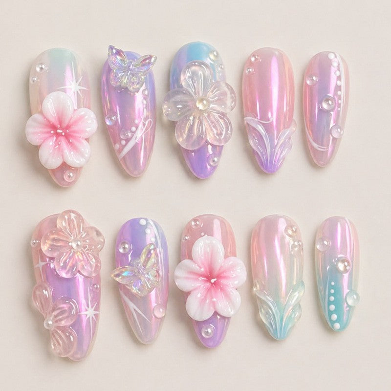Artificial nail set with floral accents and glitter Kalsten