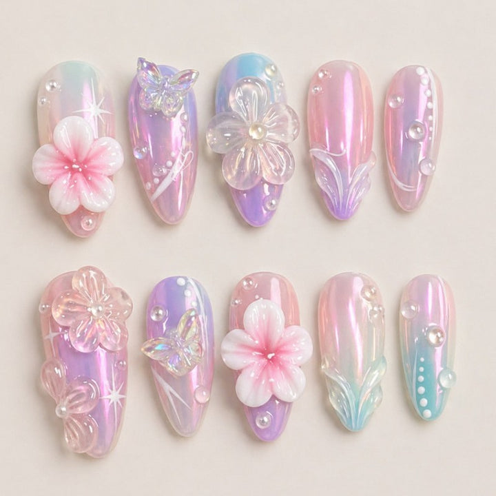 Artificial nail set with floral accents and glitter Kalsten