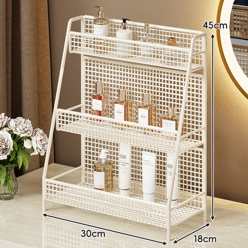 Two-Tier Metal Grid Countertop Vanity Organizer Shelf with Raised Front Lip