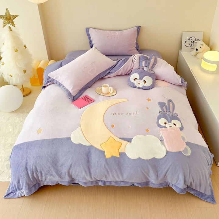 Cozy reversible bedding set with moon and bunny appliqué