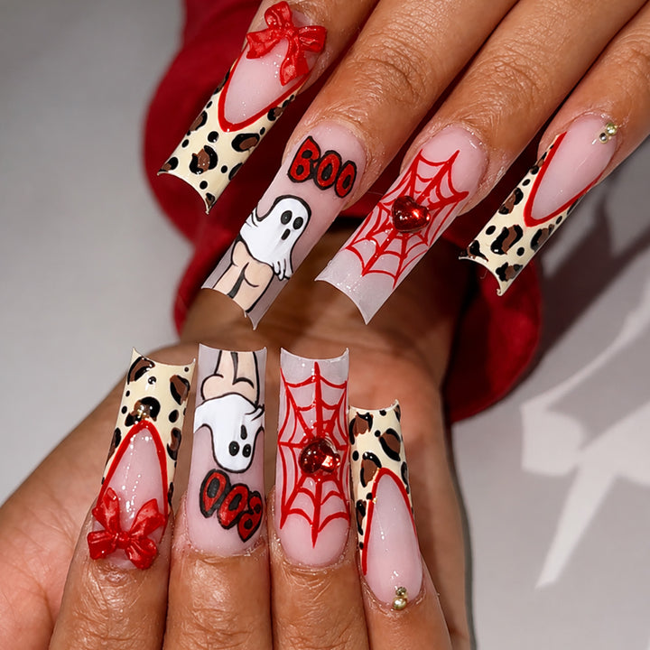 Themed Halloween Press-On Nail Set with Animal and Ghost Prints Kalsten