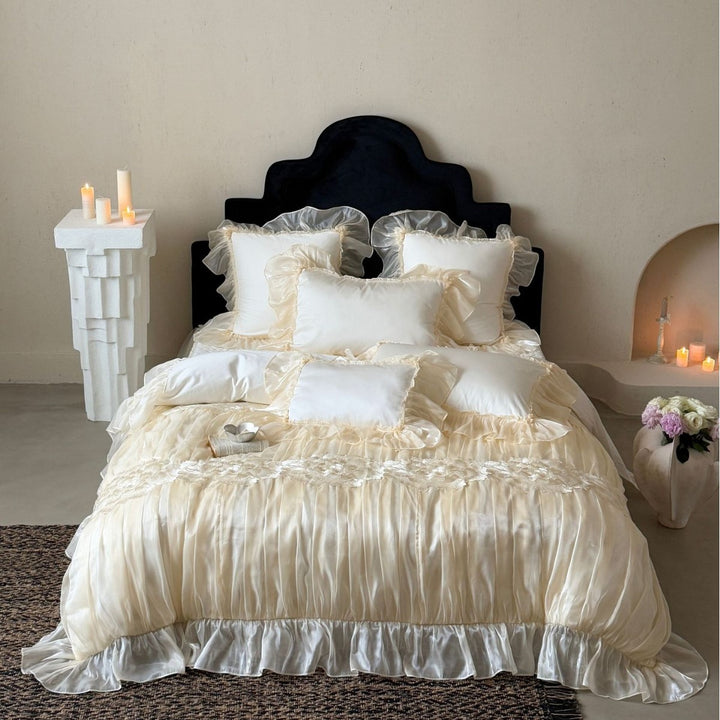 Luxurious satin bedding set with frills and lace trim