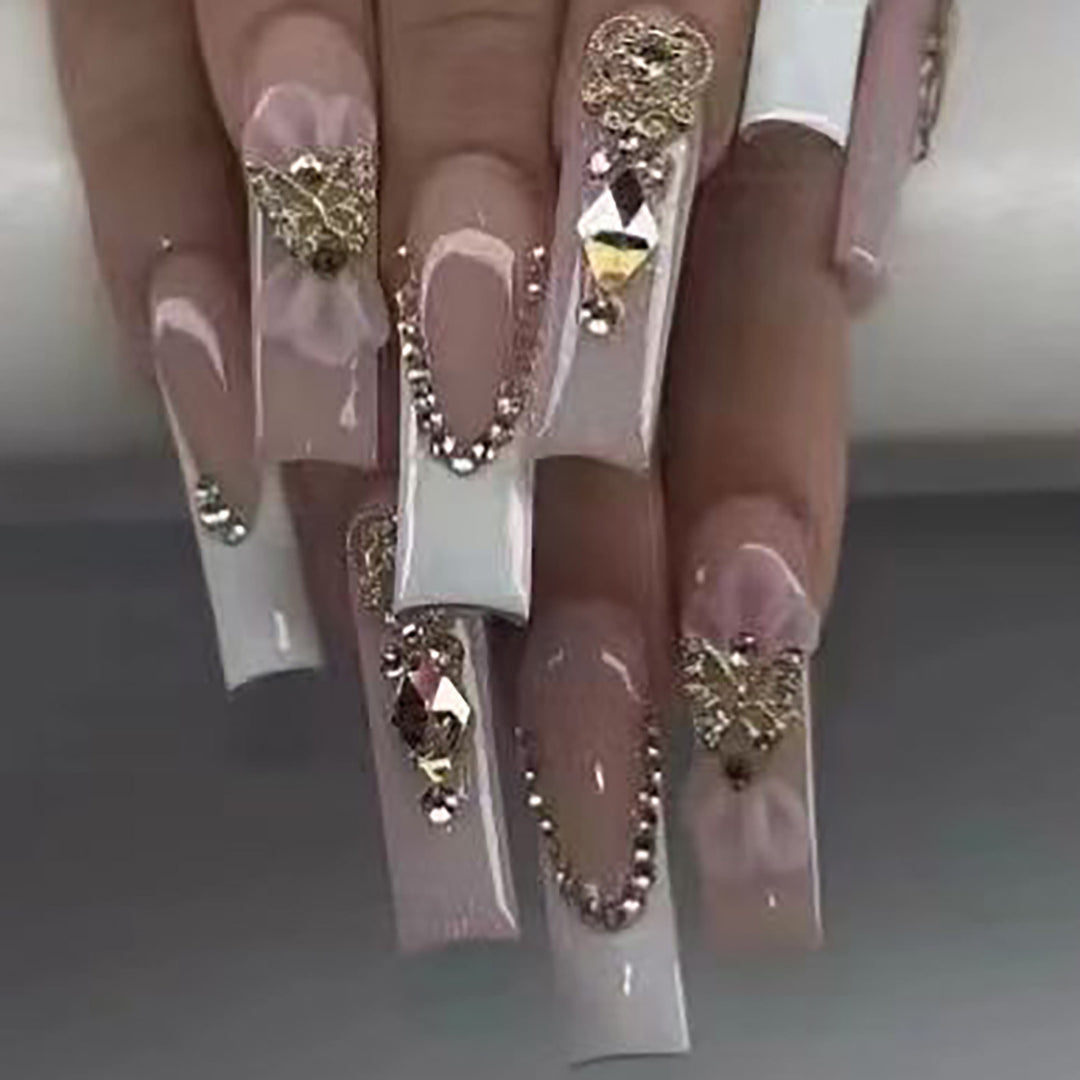 Decorative Long Press-On Nails with Gem and Floral Accents Kalsten