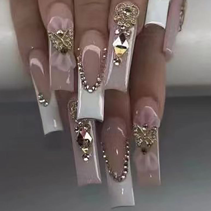 Decorative Long Press-On Nails with Gem and Floral Accents Kalsten