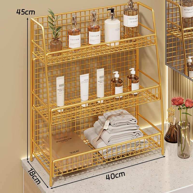 Angled Desktop Mesh Vanity and Countertop Organizer with Three Wire-Tier Baskets and Grid Back