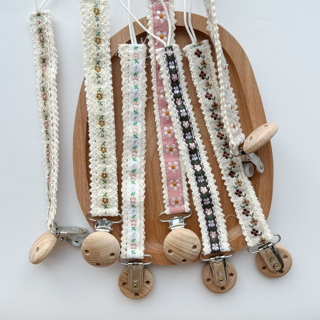 Natural Wooden Bead Pacifier Clip with Embroidered Cotton Lace Strap