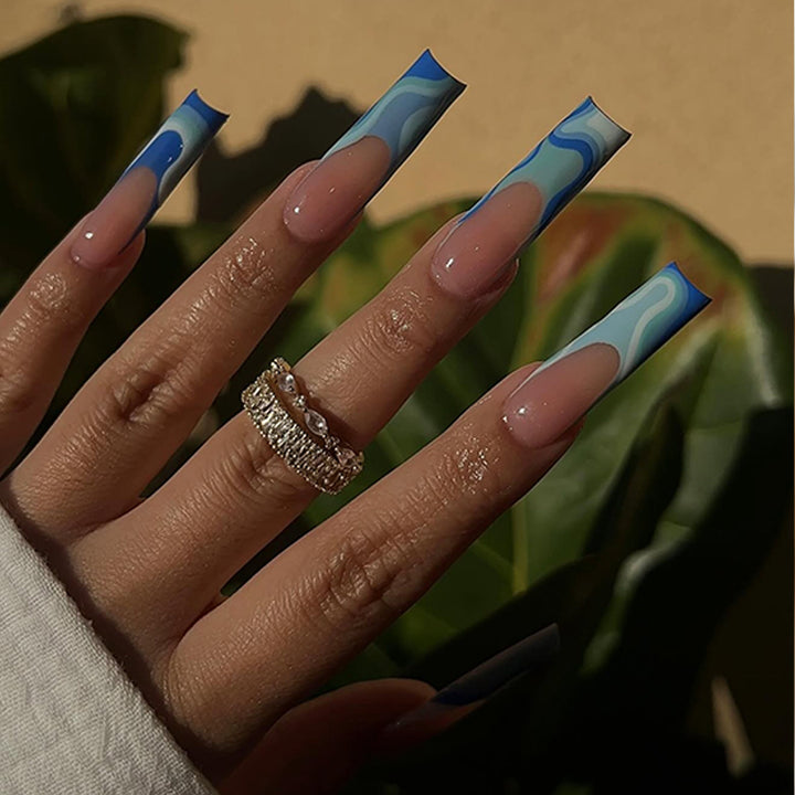 Artistic Long Press-On Nails with Wave Design Kalsten