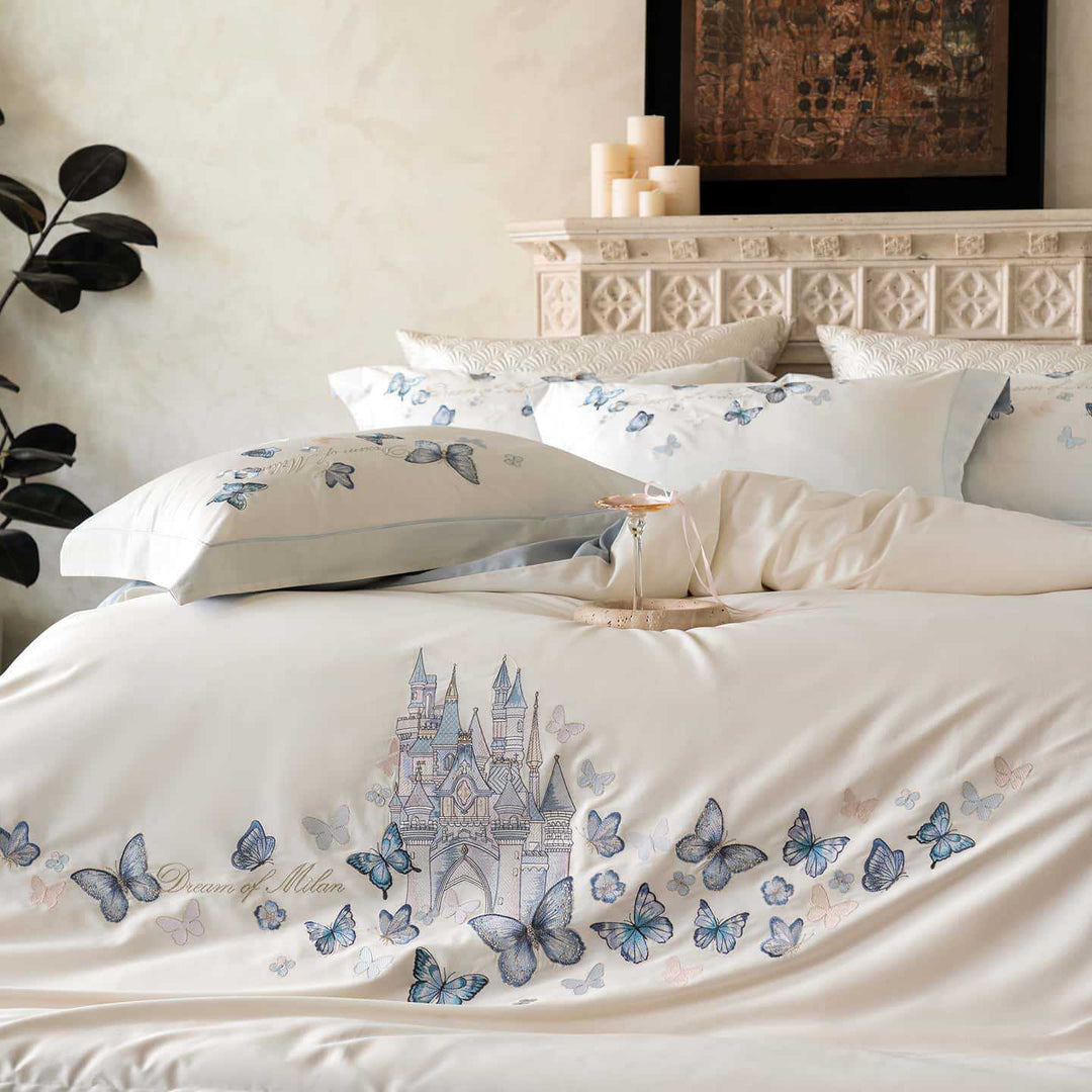 Embroidered cotton satin bedding set with blue butterfly motif