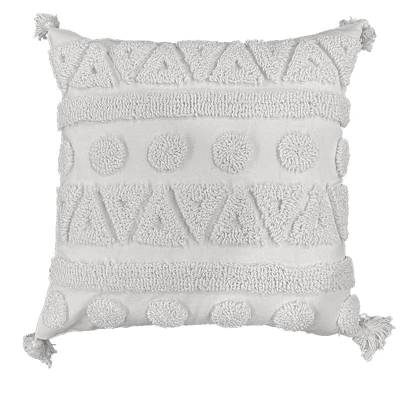 Boho Textured Tufted Cotton Throw Pillow with Diamond Geometric Tufting and Corner Tassels