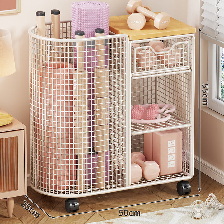 Mesh Rolling Fitness and Yoga Equipment Organizer Cart with Tall Curved Mat Compartment and Slide Drawer