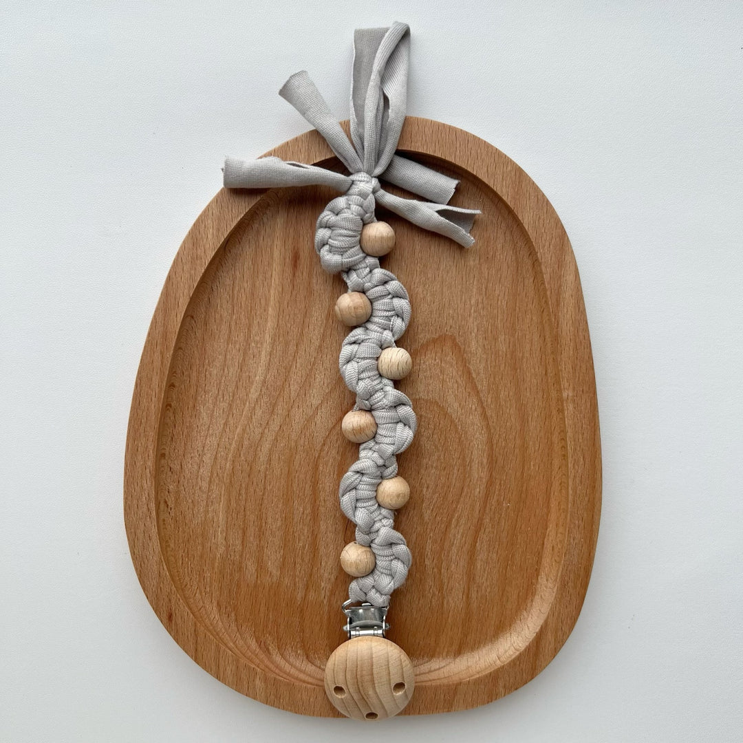 Macrame Boho Wooden-Bead Pacifier Holder Clip with Metal Safety Clamp