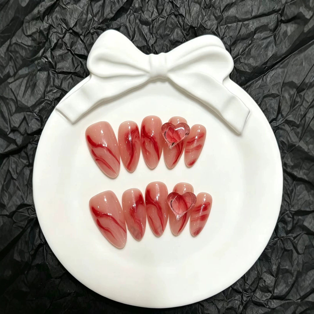 Artistic Marble Press-On Nail Set with Heart Accents