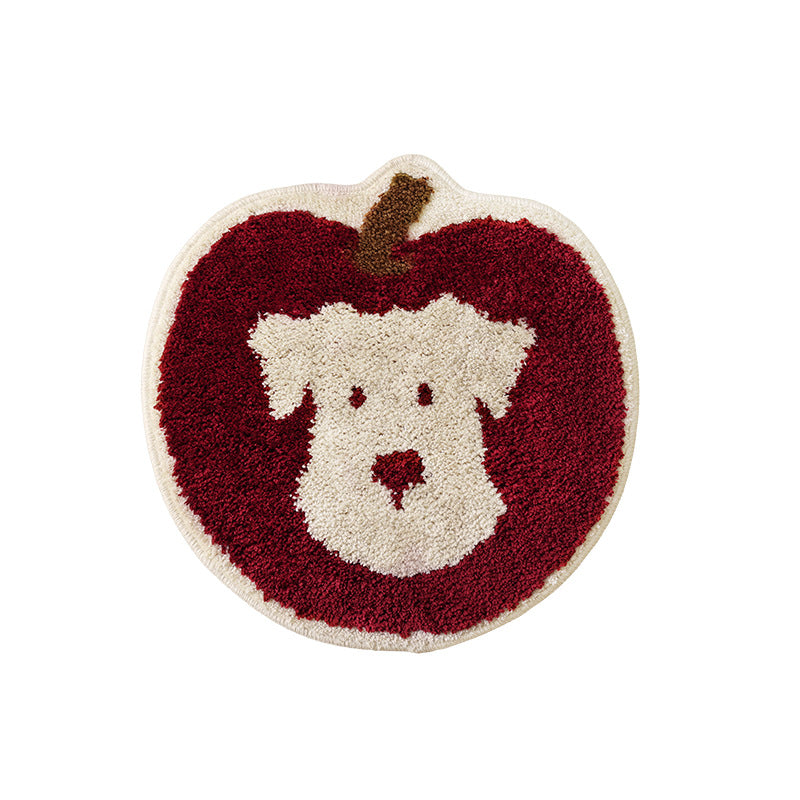 Round tufted floor mat rug in apple shape with dog face and non-slip underside