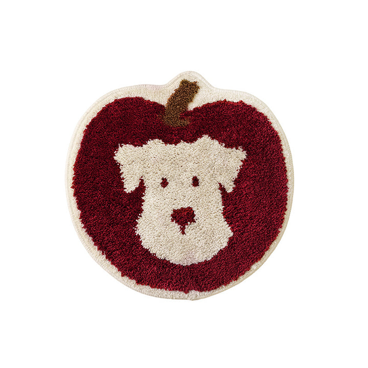 Round tufted floor mat rug in apple shape with dog face and non-slip underside