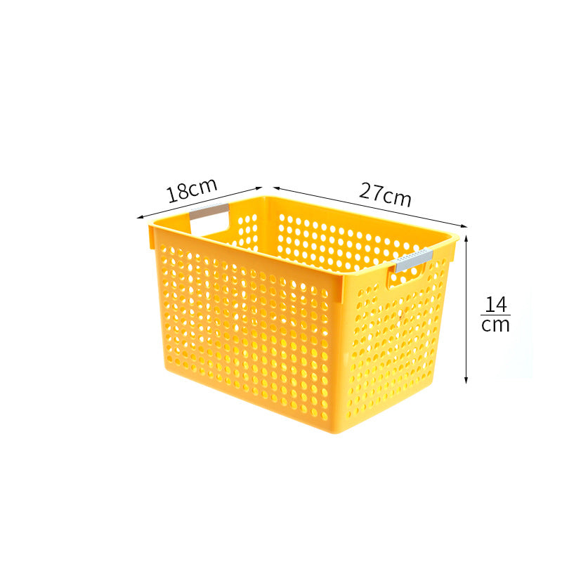 Flat plastic storage box with perforated side wall and grip recesses