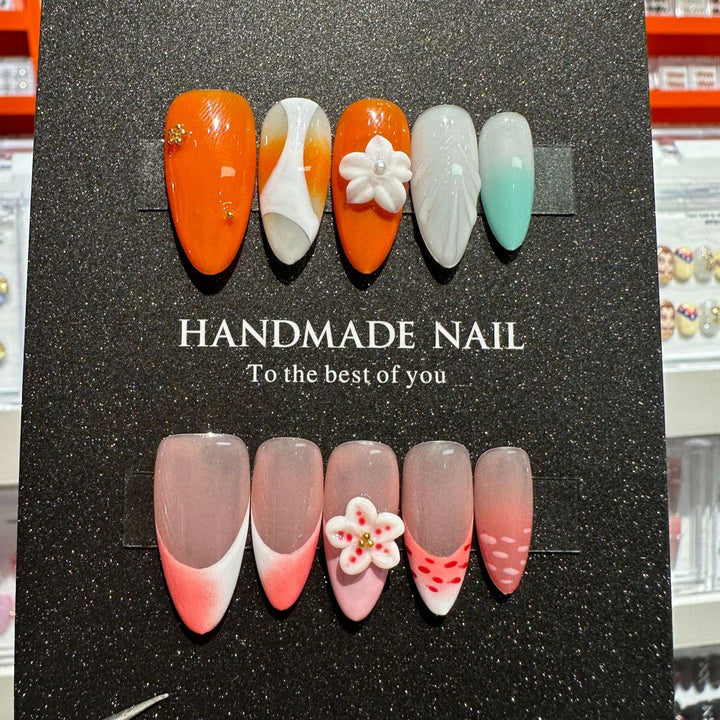 Artistic Press-On Nail Set with Floral and Gradient Accents