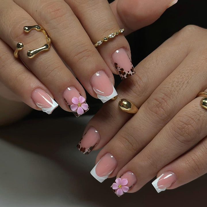 Artistic Floral and Leopard Print Press-On Nails Set kalsten