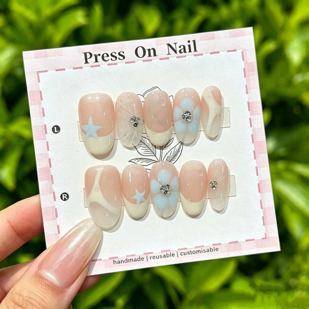 Artistic Press-On Nail Set with Floral and Star Designs