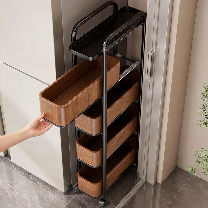 Slim Sliding Pantry Trolley with Perforated Pull-Out Mesh Baskets and Locking Casters