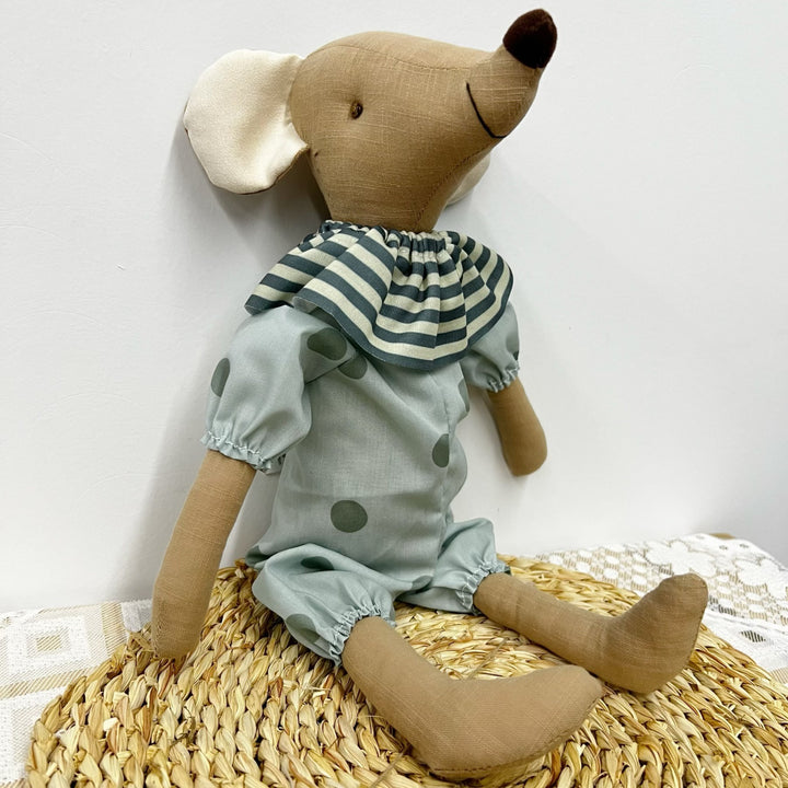 Handcrafted Linen Elephant Plush Doll with Long Limbs and Polka Dot Cotton Dress