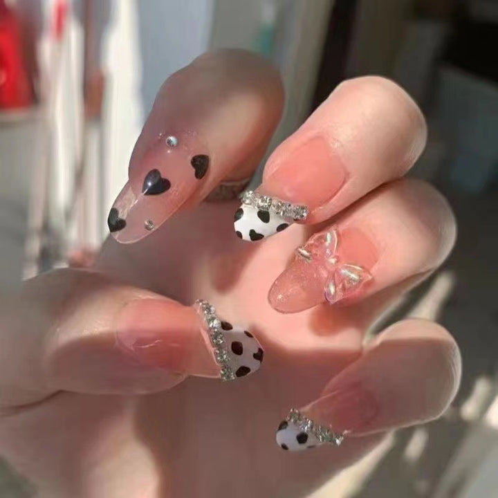 Decorative Press-On Nail Set with Elegant Heart and Bow Accents