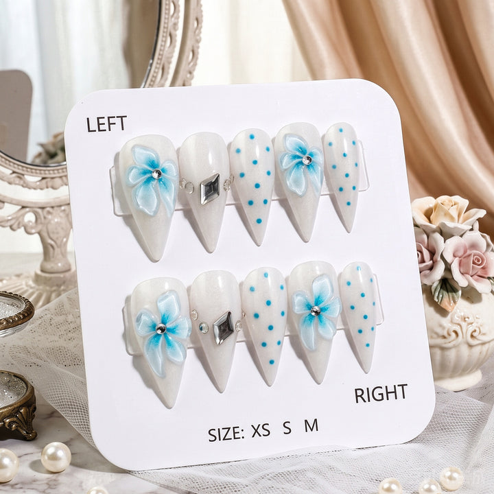 Decorative Press-On Nail Set with Floral and Gemstone Designs