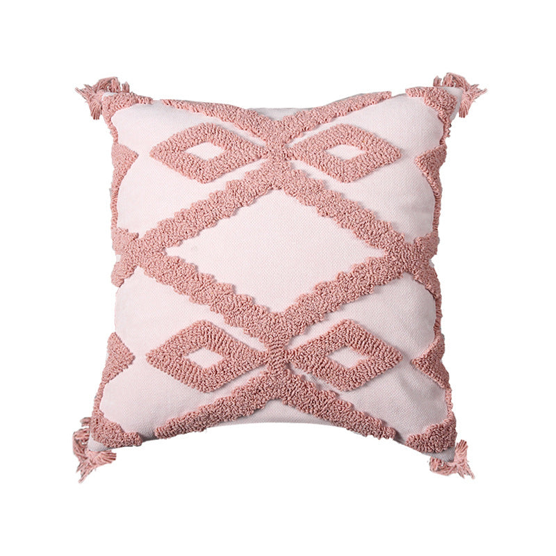 Decorative Boho Textured Lumbar Throw Pillow with Zigzag Tufted Crochet and Knotted Fringe