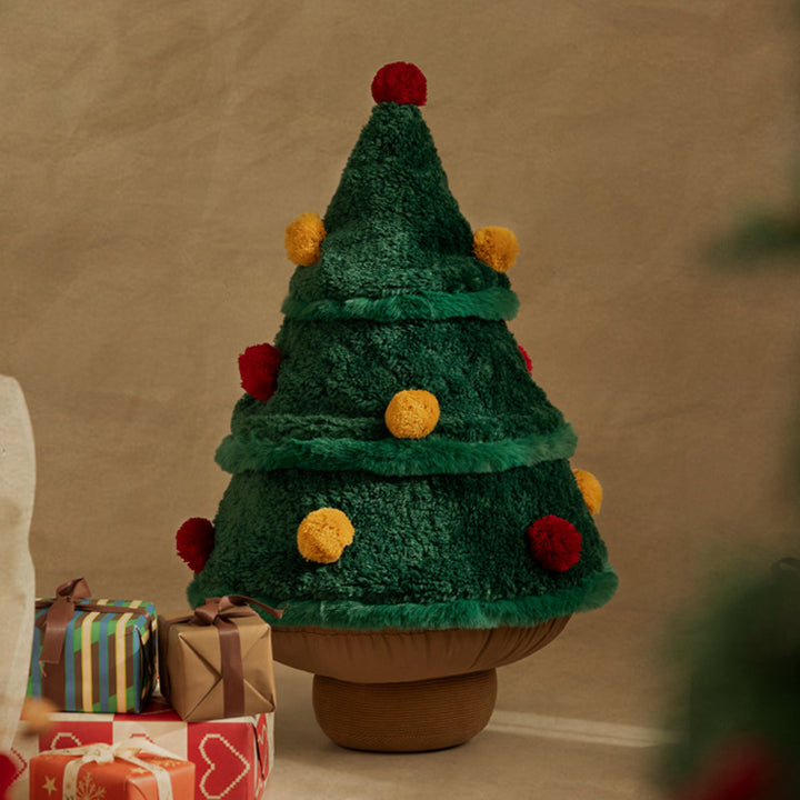 Decorative Christmas tree cuddle pillow with pompom appliqués