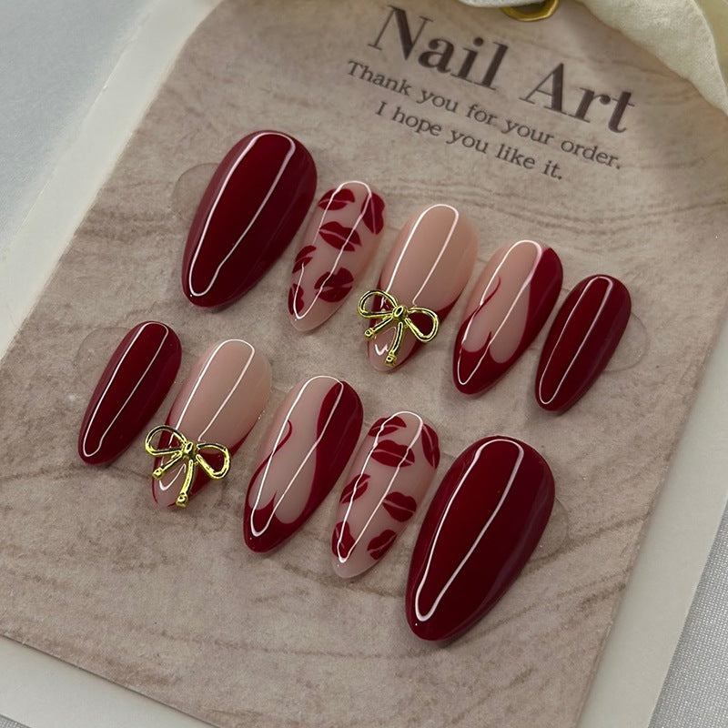 Acrylic Nail Set with Romantic Bow and Kiss Lip Designs Kalsten