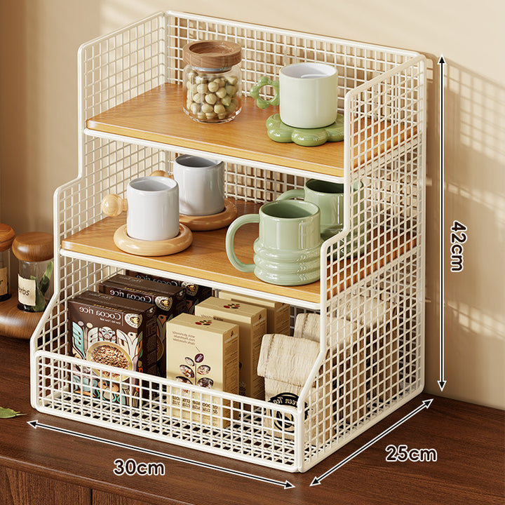 Three-Tier Countertop Wire Mesh Shelf Organizer with Bamboo Shelves